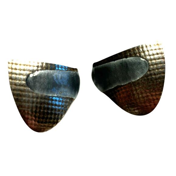 Artisan made pierced earrings silver & blue enamel abstract textured unique - Picture 1 of 6